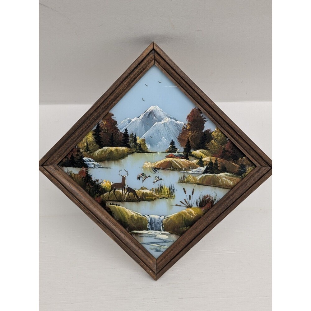 Folk Art Painting Art on Glass Framed Signed Ralph Kauffman Mountain Scene